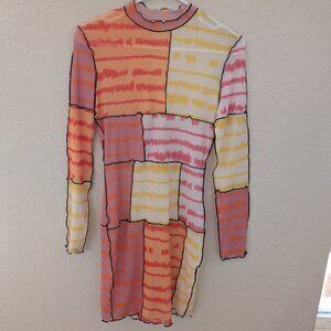 Y2K 90's Colorblock Mesh Sheer Patchwork Bodycon Dress Cover Up